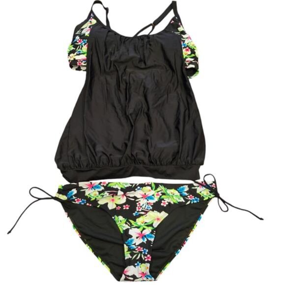 NEW Black Floral Bloussant Tankini Modest 2 Piece Swimsuit Women's XL - Picture 2 of 4
